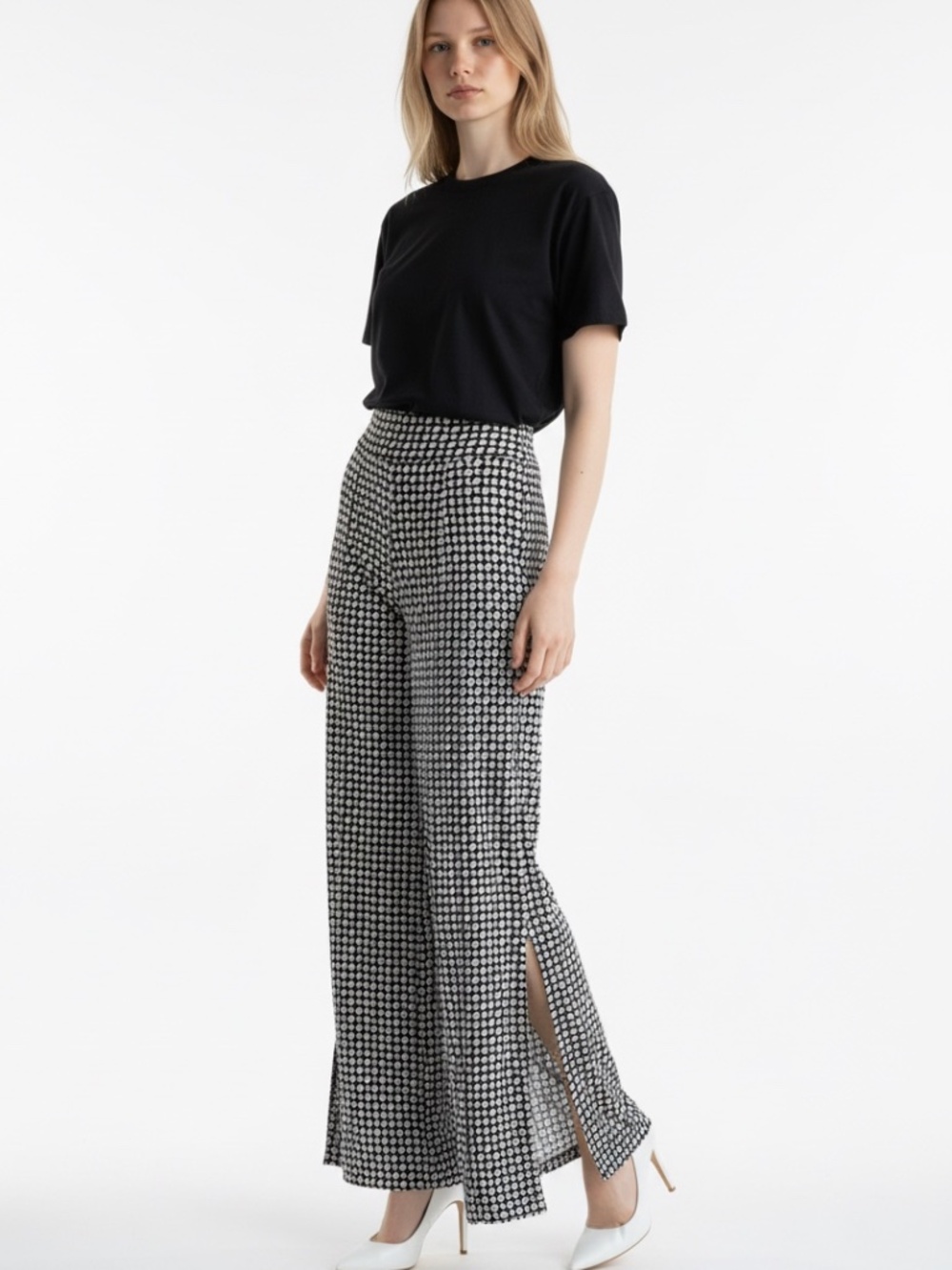 NEW Clara Sunwoo Black White Geometric Wide Leg Pants Size S